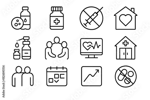 Substance Treatment Icons. Substance use treatment. Line icon set of substance use treatment: detox icon, medication bottle, syringe crossed out, safe space,