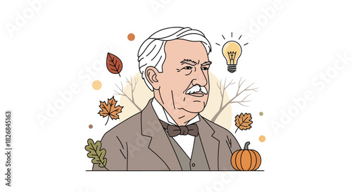 An illustration of a distinguished older man with a mustache surrounded by autumn leaves, a pumpkin, and a lightbulb.