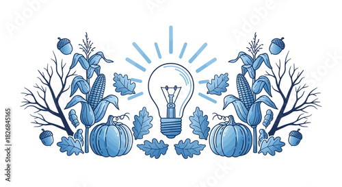 Stylized blue illustration of a glowing light bulb surrounded by autumn harvest elements like corn, pumpkins, oak leaves, acorns, and bare branches.