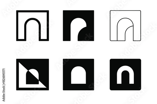 Harmonious Logo Variations. Open Atrium. Icon set. Set Logo of Open Atrium: minimalist open space design. harmonious logo variations of the same emblematic