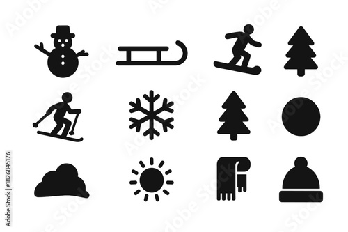Winter Fun Icons. Snow fun. Solid icon set of Snow fun: snowman, sled, ski slope, snowboarder, skier, snowflake, pine tree, snowball, snowdrift, sun icon,