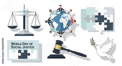 Collection of icons representing social justice, global unity, law, peace, and community, including a balance scale, globe with people, puzzle pieces, gavel, and a dove.