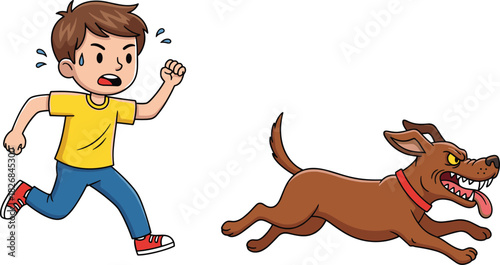 Frightened cartoon boy running away from an aggressive brown dog chasing him, dynamic vector illustration depicting fear, chase, danger, or a stressful situation.