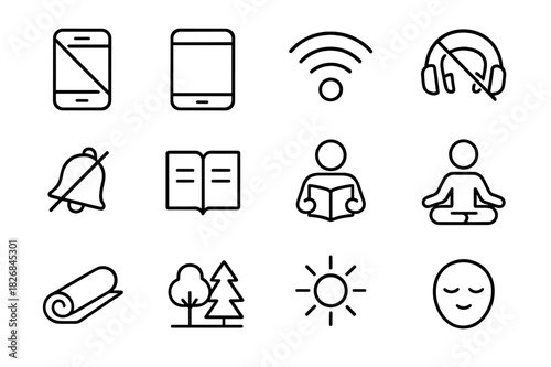 Digital-Free Icons Collection. Digital-Free Zone. Line icon set of Digital-Free Zone: smartphone off, tablet off, no Wi-Fi, headphones off, no notifications,