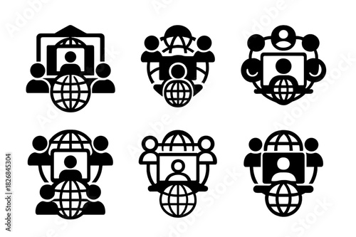Virtual Meeting Logos. Virtual meetings with global team members. Icon set. Set Logo of virtual meeting: shared screen and team nodes. harmonious