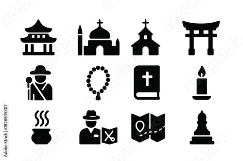 Religious Journey Icons. Religious journey. Solid icon set of Religious journey: temple, mosque, church, shrine, pilgrim, prayer beads, holy book, candle,