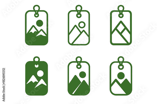 Eco Vibes Logo Set. Green label design with eco vibes trend. Icon set. Set Logo of green label design with eco vibes trend: hanging label with mountain and