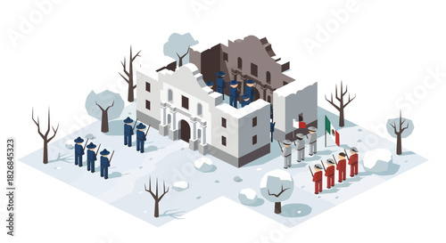 Isometric illustration of the historic Battle of the Alamo, depicting soldiers in blue and red uniforms outside the snow-covered mission.