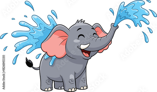 Happy baby elephant cartoon spraying water from its trunk, cute vector illustration of a cheerful animal bathing or playing with water on a sunny day.