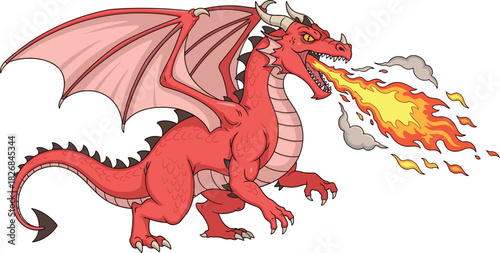 Furious red cartoon dragon with large wings breathing fire from its mouth, powerful vector illustration of a fantasy monster, beast, or mythical creature.