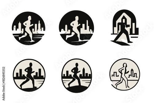Jogger Skyline Logos. A person jogging along the waterfront in the city, enjoying the view of the skyline. Icon set. Set Logo of a person jogging along the