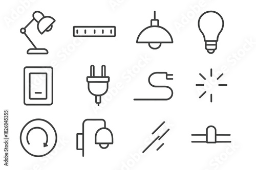 Monochrome Workspace Lighting Icons. Workspace lighting. Line icon set of workspace lighting: desk lamp, LED strip, ceiling light, bulb, switch, plug, power