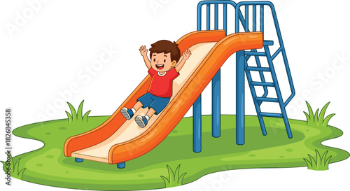 Happy cartoon little boy sliding down an orange and blue playground slide in a park with green grass, fun vector illustration of a kid playing.