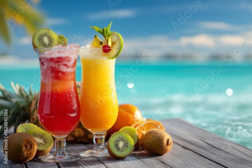 Refreshing Summer Cocktails Served by the Beach With a Vibrant Ocean Backdrop...