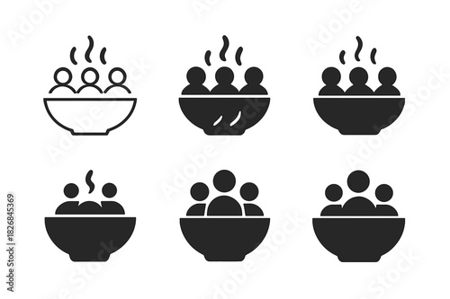 Soup Bowl Logos. Family dinner. Icon set. Set Logo of soup bowls. harmonious logo variations of the same emblematic concept (Minimal outline, Negative space,