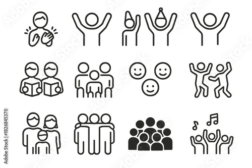 Festive Audience Icons. Festive Audience. Line icon set of Festive Audience: people clapping, cheering, waving hands, wearing hats, holding programs, seated