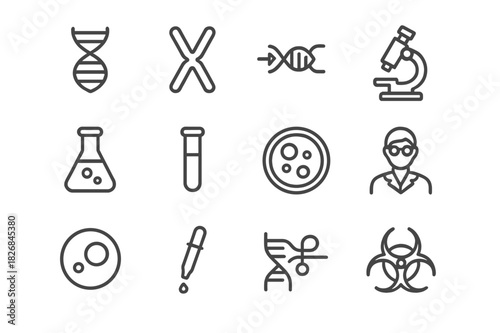 Genetics Icon Set. Genetics Study. Line icon set of Genetics Study: DNA helix, chromosome, gene, microscope, lab flask, test tube, petri dish, researcher,