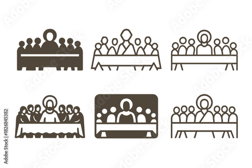 Stylized Last Supper Logos. Last Supper. Icon set. Set Logo of Last Supper: stylized communal meal. harmonious logo variations of the same emblematic concept,