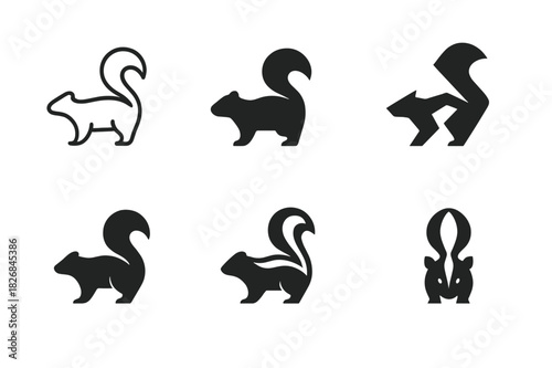 Skunk Logo Variations. Skunk. Icon set. Set Logo of Skunk: skunk silhouette with tail raised. harmonious logo variations of the same emblematic concept, each
