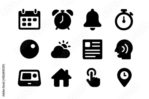 Daily Assistance Icons. Daily assistance. Solid icon set of Daily assistance: calendar, alarm clock, reminder bell, timer, notification icon, weather, news