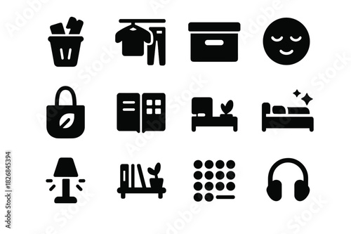 Minimalist Icon Set. Minimalist lifestyle. Solid icon set of Minimalist lifestyle: declutter icon, capsule wardrobe, storage box, reusable bag, planner, calm