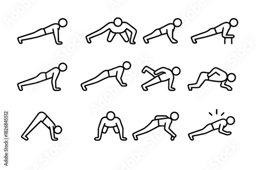 Push-Up Icon Set. Push-Up Variety. Line icon set of Push-Up Variety: standard push-up, wide-arm push-up, diamond push-up, incline push-up, decline push-up,