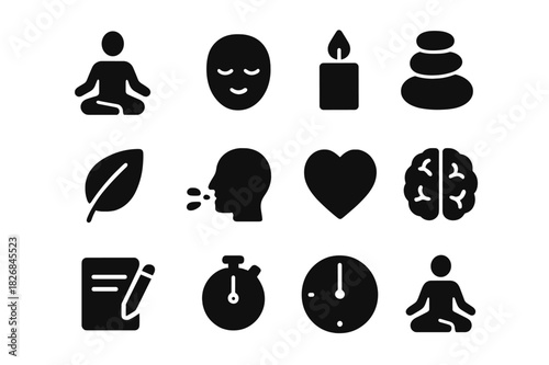 Relaxation Icon Set. Relaxation techniques. Solid icon set of Relaxation techniques: lotus position, calm face, candle, zen stones, nature leaf, breathing
