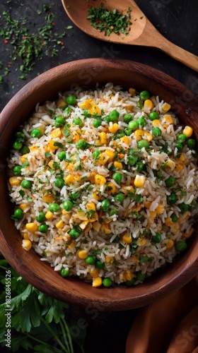 Colorful Vegetable Rice Dish Served in a Wooden Bowl With Herbs and Spices