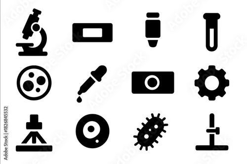Microscope Icon Set. Microscope. Solid icon set of Microscope: microscope, slide, lens, test tube, petri dish, dropper, sample, gear, light beam, cell,