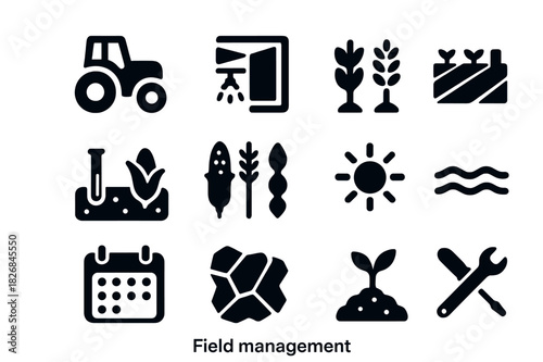 Field Management Icons. Field management. Solid icon set of Field management: farm tractor, irrigation, field layout, planting rows, soil testing, crop icons,