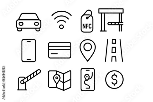 Smart Mobility Icons. Smart mobility. Line icon set of smart mobility: car, signal, NFC tag, toll gate, smartphone, payment card, GPS, road, barrier, map, app