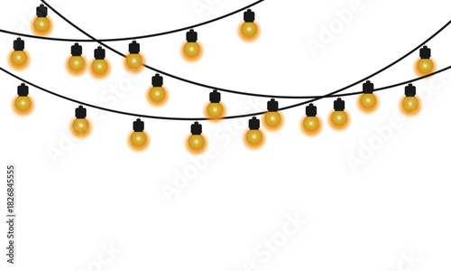 Twinkling fairy lights glow in soft amber, golden garland decorates corners, warm bulbs dangle on festive wire, adding holiday sparkle to any scene.