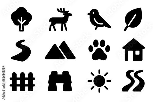 Forest Symbols Set. Forest sanctuary. Solid icon set of forest sanctuary: tree, deer, bird, leaf, path, mountain, paw, ranger hut, fence, binoculars, sun,