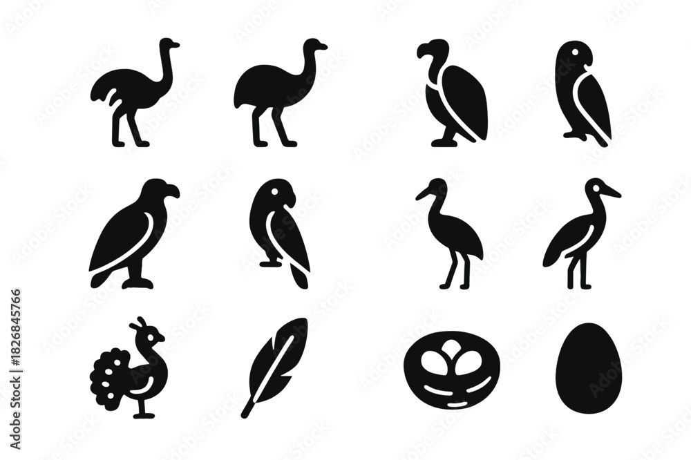 Naklejka premium African Birds Icons. Birds of Africa. Solid icon set of Birds of Africa: ostrich, rhea, emu, vulture, eagle, parrot, crane, stork, peacock, feathers, nest,