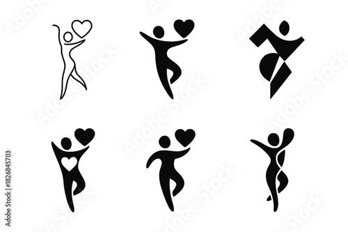 Dance Therapy Logos. dance therapy and emotional healing. Icon set. Set Logo of dance therapy and emotional healing: dancing silhouette with heart. harmonious