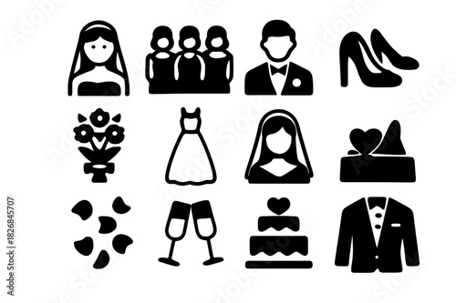 Pre-Wedding Icon Set. Pre-wedding scene. Solid icon set of Pre-wedding scene: bride, bridesmaids, groom, bouquet, wedding dress, veil, shoes, flower petals,