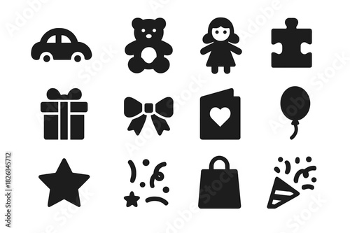 Kids' Gift Icon Set. Kids present. Solid icon set of Kids present: toy car, teddy bear, doll, puzzle, gift box, ribbon, bow, card, balloon, star, confetti,