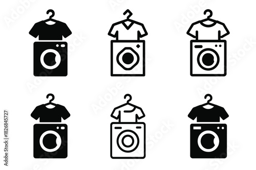 Laundry Icon Variations. Hanging up clothes immediately after laundry. Icon set. Set Logo of hanging up clothes immediately after laundry: washing machine.