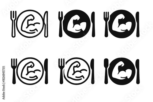 Fitness Meal Icons. Cooking for fitness goals and muscle building. Icon set. Set Logo of prepared healthy plate. harmonious logo variations of the same