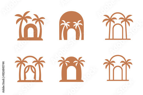 Destination Wedding Logos. Destination weddings and honeymoon destinations. Icon set. Set Logo of destination weddings: palm trees and archway. harmonious logo