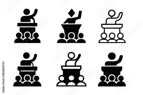 Motivational Speaker Icons. motivational speaker. Icon set. Set Logo of motivational speaker: podium and audience. harmonious logo variations of the same