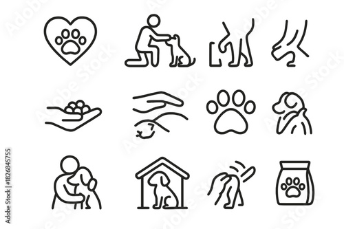 Kindness to Animals Icons. Kindness to animals. Line icon set of kindness to animals: heart with paw, person petting dog, cat rubbing leg, food handout, gentle