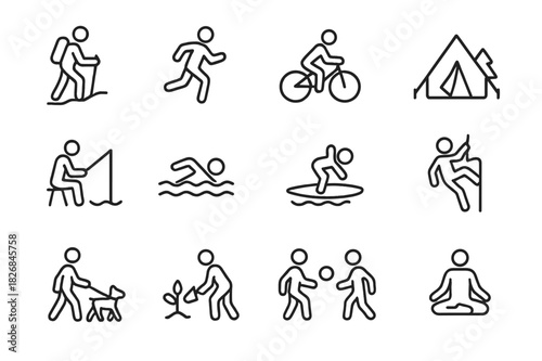 Outdoor Activity Icon Set. Outdoor activities. Line icon set of outdoor activities: hiking, running, cycling, camping, fishing, swimming, surfing, climbing,