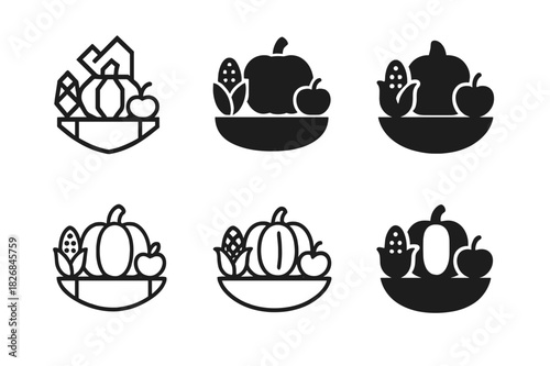 Thanksgiving Meal Icons. sharing a Thanksgiving meal. Icon set. Set Logo of sharing a Thanksgiving meal: harvest fruits and vegetables on table. harmonious