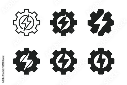 Mining Energy Logos. Efficient energy use in mining industries. Icon set. Set Logo of efficient energy use in mining industries: gear combined with lightning
