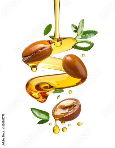 Argun Nuts and Oil with Green Leaves - Transparent Background - Cracked open nuts Falling - Food Image for Health and Beauty - Raw Food and Cosmetic Ingredient - Hair Shampoo and Vitamin Benefits