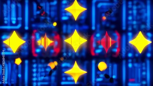 Abstract digital graphic with stylized yellow stars over a blurred blue tech circuit