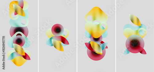 Abstract colorful shapes overlap, creating dynamic compositions. Soft gradients suggest movement, light, depth. Minimalist design, modern aesthetic.