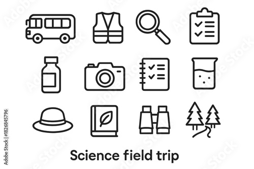 Science Field Trip Icons. Science field trip. Line icon set of science field trip: bus, safety vest, magnifying glass, clipboard, sample bottle, camera,