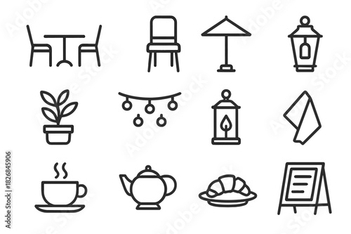 Outdoor Seating Icons. Outdoor seating. Line icon set of Outdoor seating: cafe table, chair, chair with cushion, umbrella, plant pot, string lights, outdoor
